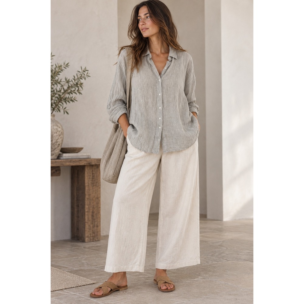 Eileen Fisher 100% Organic Linen Tunic Shirt Sz XL Grey Textured Long Sleeve